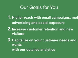 Our Goals for You

1. Higher reach with email campaigns, mob
advertising and social exposure

2. Increase customer retention and new
visitors

3. Capitalize on your customer needs and
wants
with our detailed analytics

 