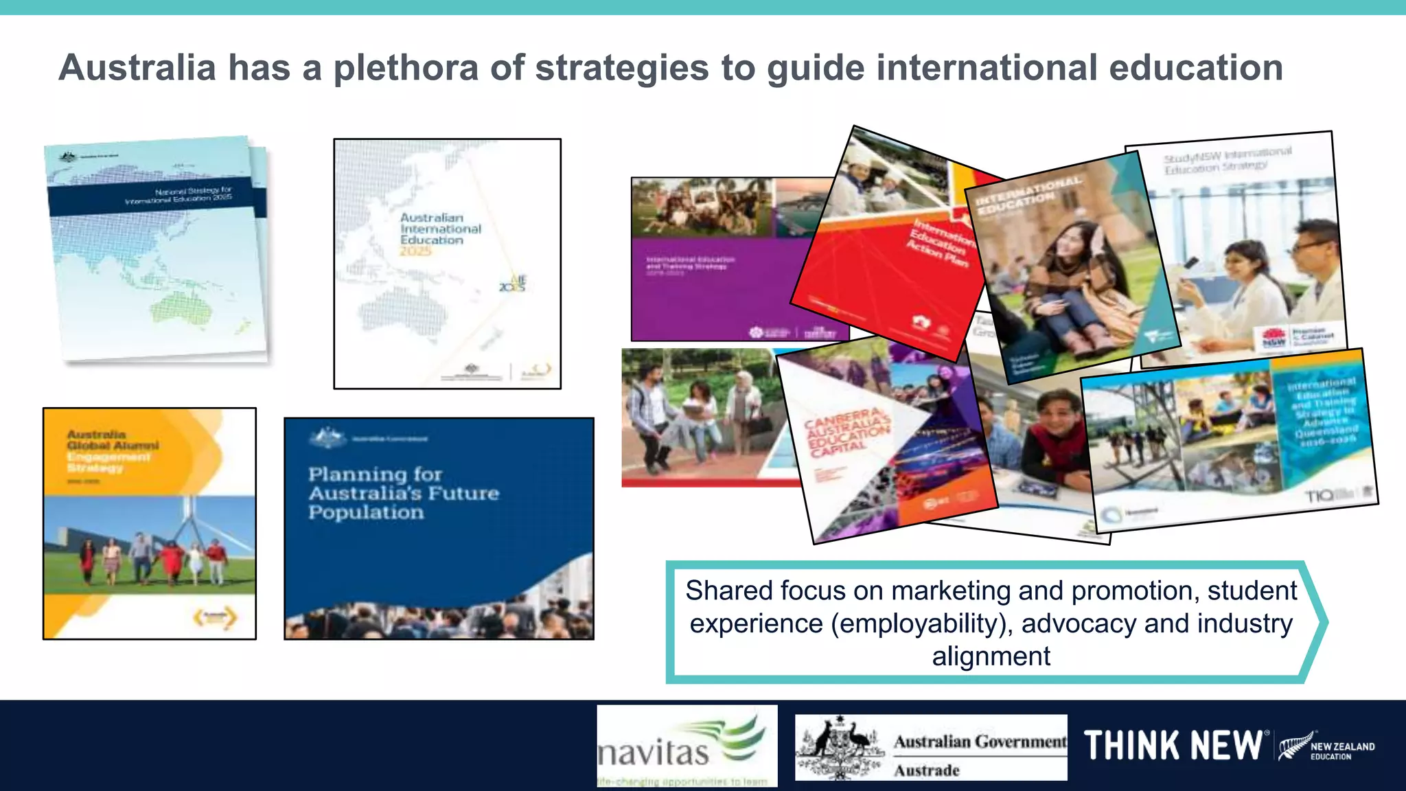 Australia has a plethora of strategies to guide international education
Shared focus on marketing and promotion, student
experience (employability), advocacy and industry
alignment
 