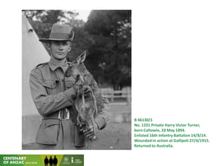 B 46130/1
No. 1221 Private Harry Victor Turner,
born Caltowie, 10 May 1894.
Enlisted 16th Infantry Battalion 14/9/14.
Wounded in action at Gallipoli 27/4/1915.
Returned to Australia.
 