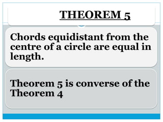 THEOREM 5
Chords equidistant from the
centre of a circle are equal in
length.
Theorem 5 is converse of the
Theorem 4
 