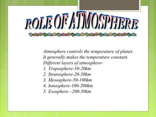 Atmosphere controls the temperature of planet.
It generally makes the temperature constant.
Different layers of atmosphere-
1. Troposphere-10-20km
2. Stratosphere-20-50km
3. Mesosphere-50-100km
4. Ionosphere-100-200km
5. Exosphere –200-50km
 