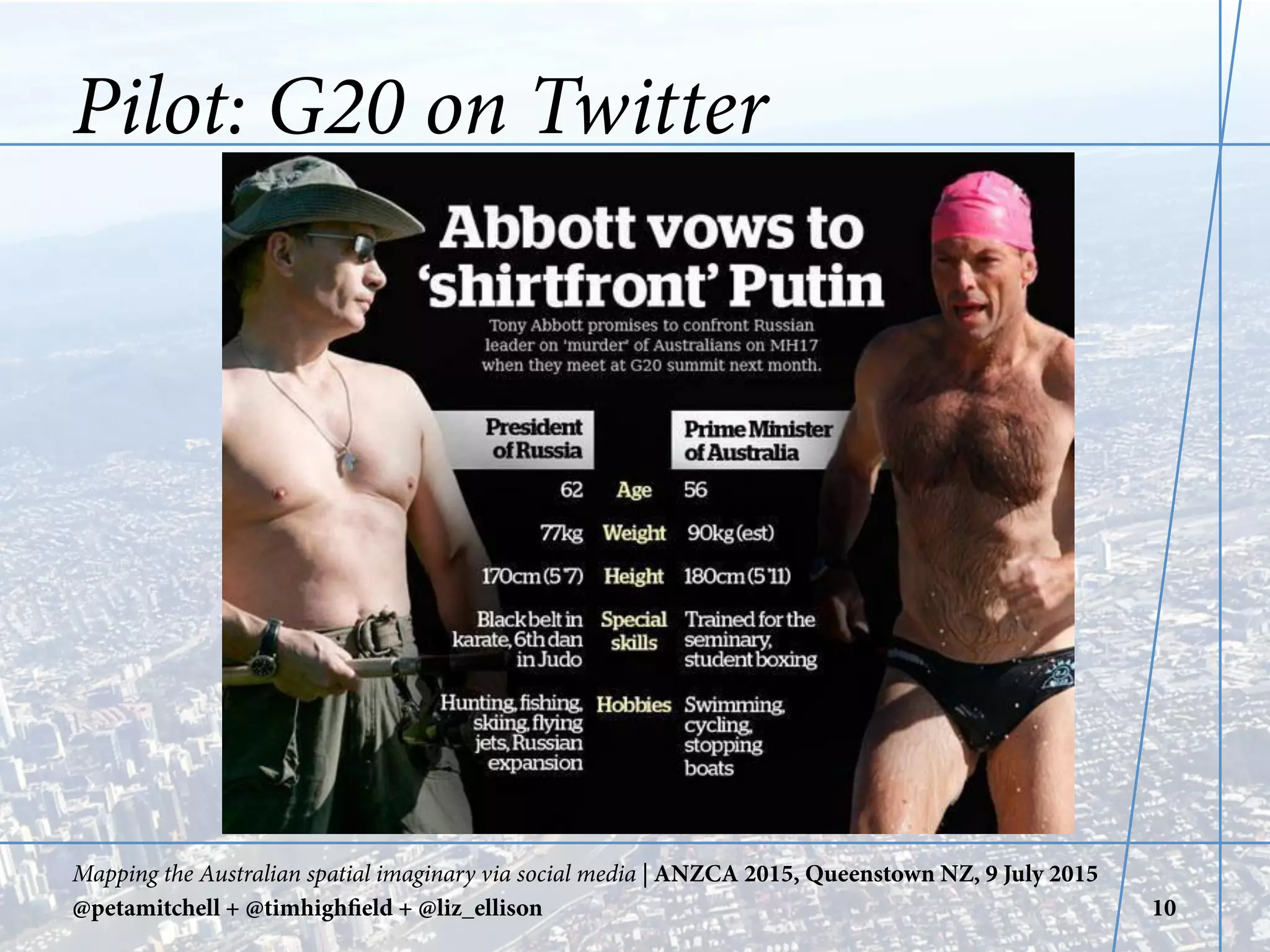 Pilot: G20 on Twitter
Mapping the Australian spatial imaginary via social media | ANZCA 2015, Queenstown NZ, 9 July 2015
@petamitchell + @timhighfield + @liz_ellison 10
 