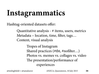 Instagrammatics
Hashtag-oriented datasets oﬀer:
Quantitative analysis - # items, users, metrics
Metadata – location, time,...
