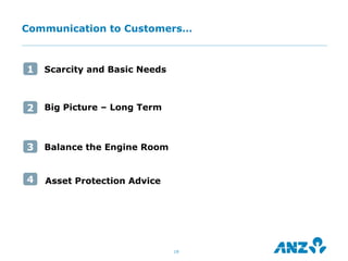 Communication to Customers…



1   Scarcity and Basic Needs



2   Big Picture – Long Term



3   Balance the Engine Room


4   Asset Protection Advice




                               19
 