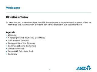 Welcome


Objective of today

To examine and understand how the GAP Analysis concept can be used to great effect to
  maximise the accumulation of wealth for a broad range of our customer base.



Agenda
•   Welcome
•   A Paradigm Shift HUNTING | FARMING
•   GAP Analysis Concept
•   Components of the Strategy
•   Communication to Customers
•   Group Discussion
•   Demo ANZ Calculator Tool
•   Summary




                                           3
 