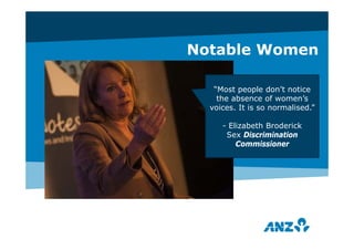 Notable Women
“Most people don’t notice
the absence of women’s
voices. It is so normalised.”
- Elizabeth Broderick
Sex Discrimination
Commissioner
 
