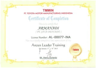 Anzen Leader Safety Training Certificate