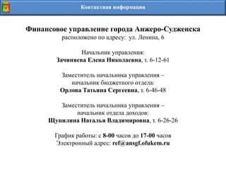 Контактная информация
Финансовое управление города Анжеро-Судженска
расположено по адресу: ул. Ленина, 6
Начальник управления:
Зачиняева Елена Николаевна, т. 6-12-61
Заместитель начальника управления –
начальник бюджетного отдела:
Орлова Татьяна Сергеевна, т. 6-46-48
Заместитель начальника управления –
начальник отдела доходов:
Щупилина Наталья Владимировна, т. 6-26-26
График работы: с 8-00 часов до 17-00 часов
Электронный адрес: ref@ansgf.ofukem.ru
 