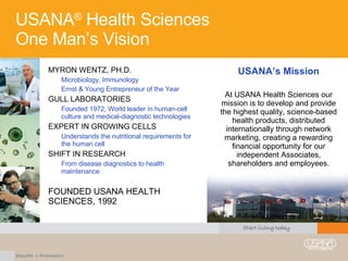 USANA ®  Health Sciences  One Man’s Vision MYRON WENTZ, PH.D. Microbiology, Immunology Ernst & Young Entrepreneur of the Year GULL LABORATORIES Founded 1972, World leader in human-cell culture and medical-diagnostic technologies EXPERT IN GROWING CELLS Understands the nutritional requirements for the human cell SHIFT IN RESEARCH From disease diagnostics to health maintenance FOUNDED USANA HEALTH SCIENCES, 1992 USANA’s Mission At USANA Health Sciences our mission is to develop and provide the highest quality, science-based health products, distributed internationally through network marketing, creating a rewarding financial opportunity for our independent Associates, shareholders and employees. 