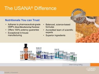 The USANA ®  Difference Nutritionals You can Trust Adheres to pharmaceutical-grade GMPs  (Good Manufacturing Practices) Offers 100% potency guarantee Exceptional in-house manufacturing Balanced, science-based formulas Accredited team of scientific experts Superior ingredients 