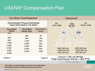 USANA ®  Compensation Plan *Commissions are earned based on the sales of your organisation. † Group Sales Volume up to 5,000 points may be carried over. You Earn Commissions* YOU BC 001 001  RIGHT SIDE 001  LEFT SIDE Carryover † Carryover = 1,500  Left, 500 Right Total Commission Points = 400 PTS. 2500 GSV pts –  2000 GSV pts 500 GSV pts Commission Payout Schedule Payout will be based on  U.S. Dollars Commission Points 40 100 200 400 600 800 1,000 Figure 3 Figure 4 JILL BOB Group Sales Volume Left 250 500 1,000 2,000 3,000 4,000 5,000   Group Sales Volume  Right 250 500 1,000 2,000 3,000 4,000 5,000 3500 GSV pts –  2000 GSV pts 1500 GSV pts 