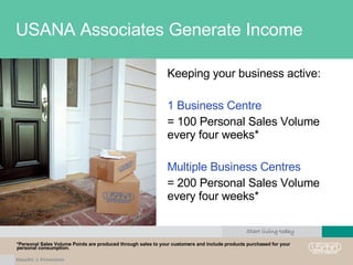 USANA Associates Generate Income Keeping your business active: 1 Business Centre  = 100 Personal Sales Volume every four weeks* Multiple Business Centres   = 200 Personal Sales Volume every four weeks* *Personal Sales Volume Points are produced through sales to your customers and include products purchased for your personal consumption. 