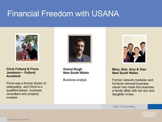 Financial Freedom with USANA Chris Folland & Fiona Jamieson – Folland Auckland Fiona was a former doctor of osteopathy, and Chris is a qualified lawyer, business consultant and property investor. Mary, Bob, Amy & Xian New South Wales Former network marketer and furniture removal business owner has made this business a family affair with her son and daughter in-law. Virend Singh New South Wales Business analyst. 