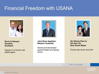 Financial Freedom with USANA John Ross Appleton Western Australia Owned and franchised several health and beauty clinics Xin Sheng Chen &  Zhi-Xian Jin New South Wales Former taxi driver and chef Kevin & Gaewyn Goodwin Auckland Gaewyn is a former real estate agent. 