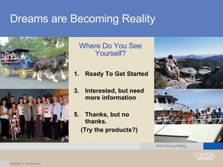 Dreams are Becoming Reality Ready To Get Started Interested, but need more information Thanks, but no  thanks.  (Try the products?) Where Do You See Yourself? 