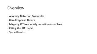 Overview
• Anomaly Detection Ensembles
• Item Response Theory
• Mapping IRT to anomaly detection ensembles
• Fitting the IRT model
• Some Results
 