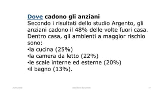 28/01/2020 dott.Mario Baruchello 17
Dove cadono gli anziani
Secondo i risultati dello studio Argento, gli
anziani cadono il 48% delle volte fuori casa.
Dentro casa, gli ambienti a maggior rischio
sono:
•la cucina (25%)
•la camera da letto (22%)
•le scale interne ed esterne (20%)
•il bagno (13%).
 