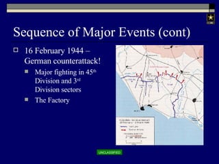Sequence of Major Events (cont) 16 February 1944 – German counterattack! Major fighting in 45 th  Division and 3 rd  Division sectors The Factory 