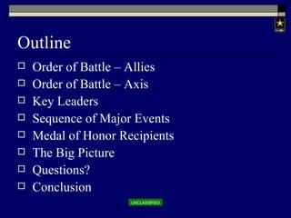 Outline Order of Battle – Allies Order of Battle – Axis Key Leaders Sequence of Major Events Medal of Honor Recipients The Big Picture Questions? Conclusion 