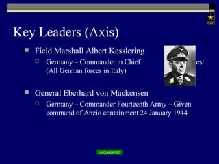 Key Leaders (Axis) Field Marshall Albert Kesslering Germany – Commander in Chief  Southwest (All German forces in Italy) General Eberhard von Mackensen Germany – Commander Fourteenth Army – Given command of Anzio containment 24 January 1944 