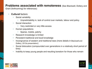 Problems associated with remoteness (See Blackwell, Dollery and
Grant (forthcoming) for references)

   • Cultural factors:
        •   Social variability
              • Unpredictability in, lack of control over markets, labour and policy
        •   Social interaction
              • Very restricted or very little access
        •   Human populations
              • Sparse, mobile, patchy
        •   Research knowledge is limited
        •   Persistent traditional and local knowledge
        •   Incongruence of western and traditional laws (more details in Blackwell and
            Dollery, 2012a presentation)
        •   Social dislocation (compounded over generations in a relatively short period of
            time)
        •   Inability to keep young people and resulting boredom for those who remain




                                                                                              15
 