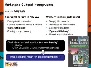 Market and Cultural Incongruence

Hannah Bell (1998)

Aboriginal culture in NW WA              Western Culture juxtaposed
•   Deeply earth connected               •   Deeply disconnected
•   Cultural traditions rhyme & reason   •   Distinction of roles blurred
•   ‘Pattern thinking’                   •   Extensive freedoms
•   Sharing – e.g., Humbug               •   ‘Pyramid thinking’
                                         •   Market and materialism


    Clash of cultures and need for ‘two way thinking’
        •Empathy
        •Bush University, Caulfield Grammar exchange


      What does this mean for assessing impacts??


                                                                            16
 