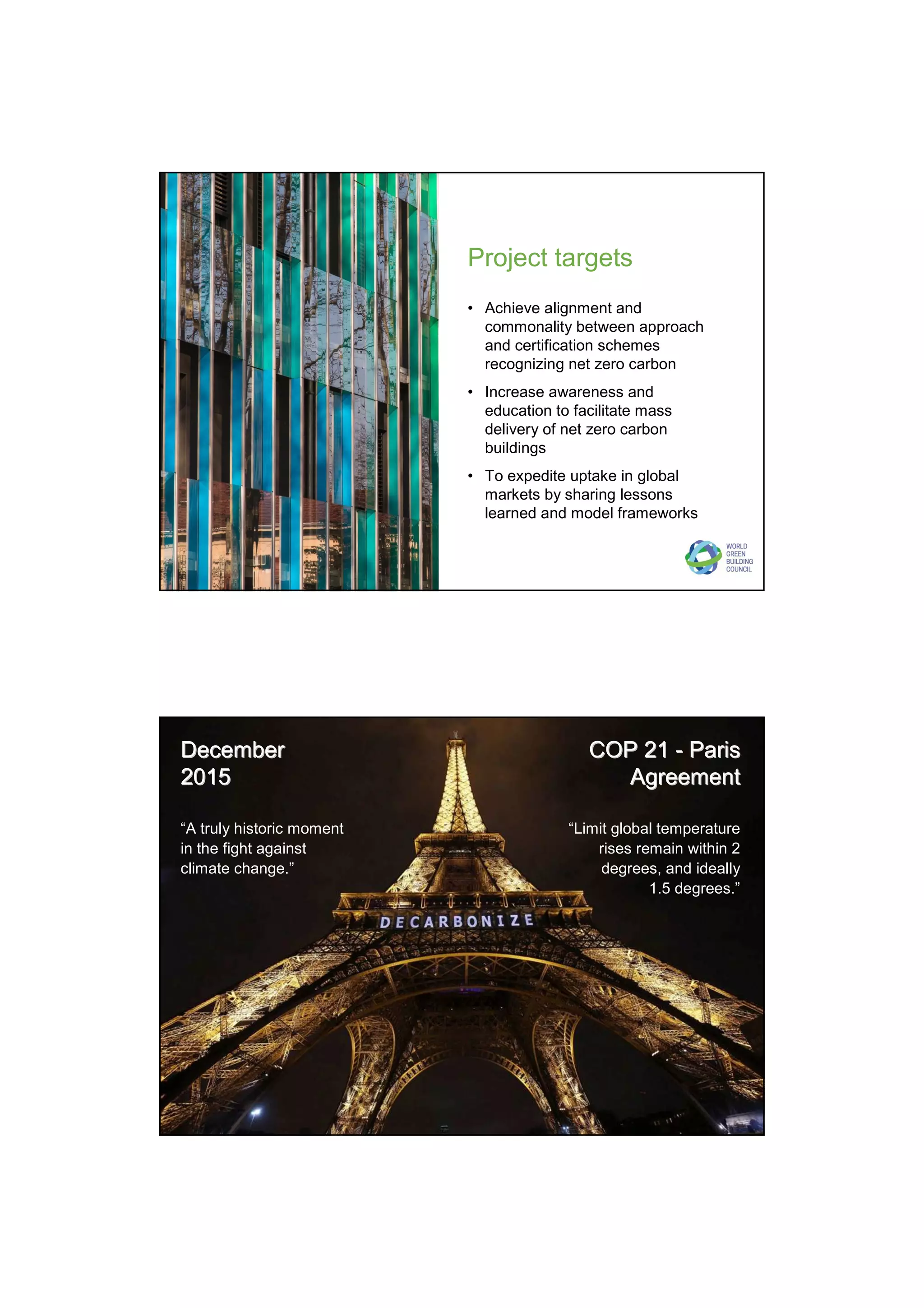 Project targets
• Achieve alignment and
commonality between approach
and certification schemes
recognizing net zero carbon
• Increase awareness and
education to facilitate mass
delivery of net zero carbon
buildings
• To expedite uptake in global
markets by sharing lessons
learned and model frameworks
DecemberDecember
20152015
“A truly historic moment
in the fight against
climate change.”
COP 21COP 21 -- ParisParis
AgreementAgreement
“Limit global temperature
rises remain within 2
degrees, and ideally
1.5 degrees.”
 