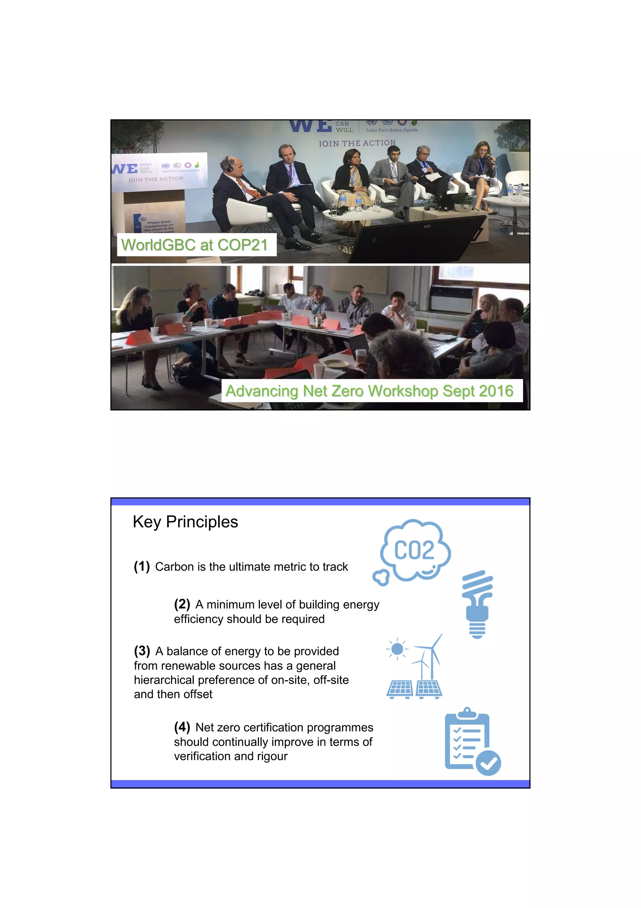 Advancing Net Zero Workshop Sept 2016Advancing Net Zero Workshop Sept 2016
WorldGBC at COP21WorldGBC at COP21
Key Principles
(1) Carbon is the ultimate metric to track
(2) A minimum level of building energy
efficiency should be required
(3) A balance of energy to be provided
from renewable sources has a general
hierarchical preference of on-site, off-site
and then offset
(4) Net zero certification programmes
should continually improve in terms of
verification and rigour
 