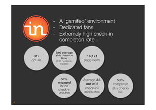 4
319 
opt-ins
58%
engaged 
in the
check-in
process
Average 3.6
out of 5
check-ins
completed
5:06 average
visit duration
time
(1:46 on check-
in page)
16,171
page views
50%
completed
all 5 check-
ins
-  A ‘gamiﬁed’ environment
-  Dedicated fans
-  Extremely high check-in
completion rate
 