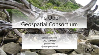 Copyright © 2017OGC
The Open
Geospatial Consortium
Denise McKenzie
OGC Outreach
@spatialred
@opengeospatial
 