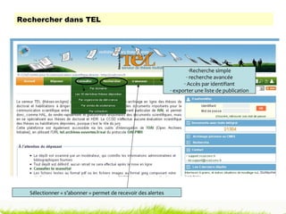 Rechercher dans TEL Recherche simple recherche avancée Accès par identifiant exporter une liste de publication Sélectionner « s’abonner » permet de recevoir des alertes 