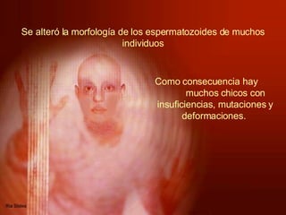 Se alteró la morfología de los espermatozoides de muchos individuos Como consecuencia hay  muchos chicos con insuficiencias, mutaciones y deformaciones.  