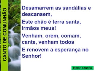 Desamarrem as sandálias e descansem,  Este chão é terra santa, irmãos meus! Venham, orem, comam, cante, venham todos E renovem a esperança no Senhor! CANTO DE COMUNHÃO ÍNDICE CANTOS 