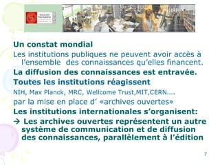 Un constat mondial Les institutions publiques ne peuvent avoir accès à l’ensemble  des connaissances qu’elles financent. La diffusion des connaissances est entravée. Toutes les institutions réagissent  NIH, Max Planck, MRC, Wellcome Trust,MIT,CERN …. par la mise en place d’ «archives ouvertes» Les institutions internationales s’organisent:    Les archives ouvertes représentent un autre système de communication et de diffusion des connaissances, parallèlement à l’édition 