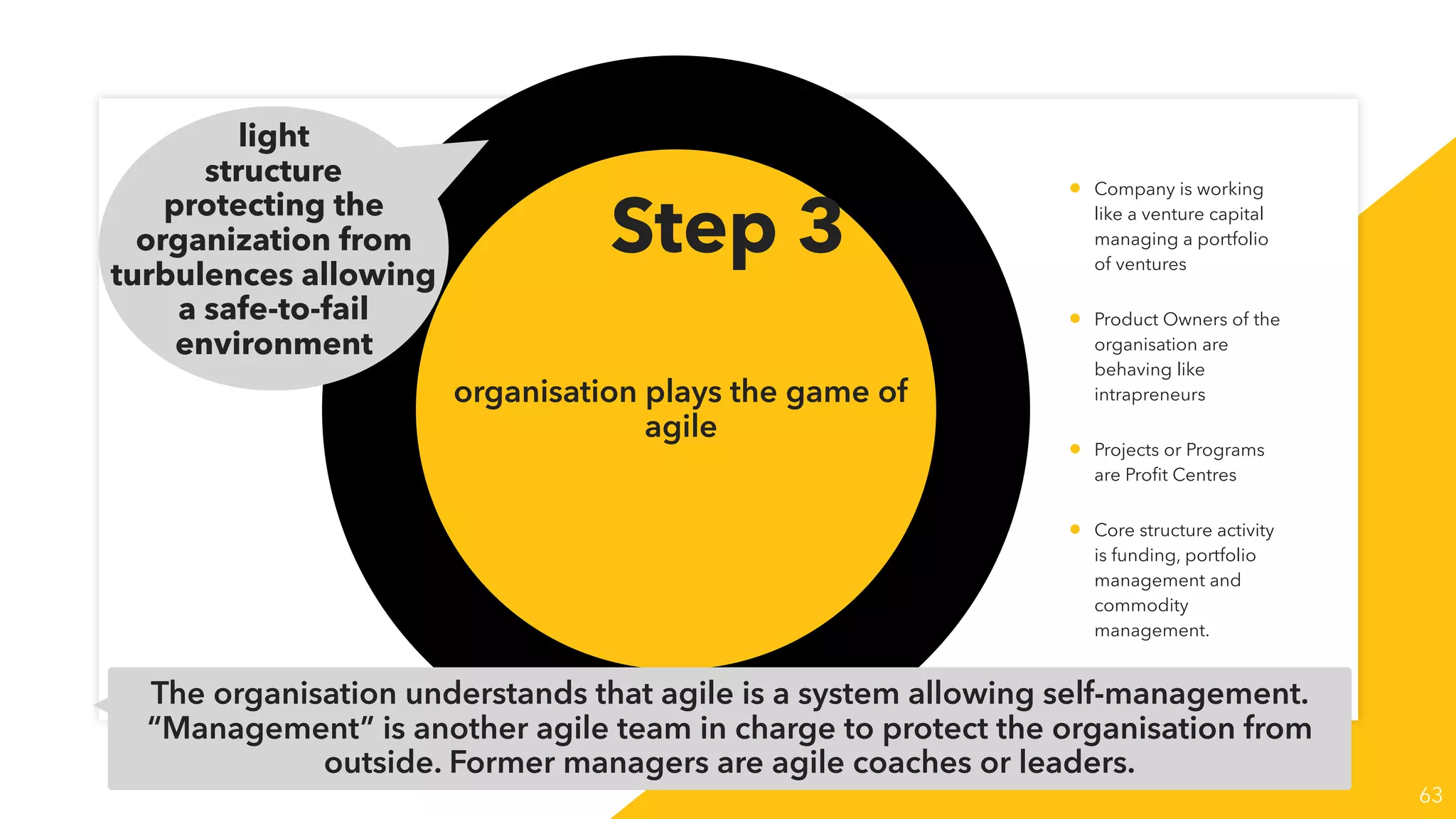 step 3
63
structure as safe-to-fail boundary
organisation plays the game of
agile
Step 3
light
structure
protecting the
organization from
turbulences allowing
a safe-to-fail
environment
• Company is working
like a venture capital
managing a portfolio
of ventures
• Product Owners of the
organisation are
behaving like
intrapreneurs
• Projects or Programs
are Proﬁt Centres
• Core structure activity
is funding, portfolio
management and
commodity
management.
The organisation understands that agile is a system allowing self-management.
“Management” is another agile team in charge to protect the organisation from
outside. Former managers are agile coaches or leaders.
 