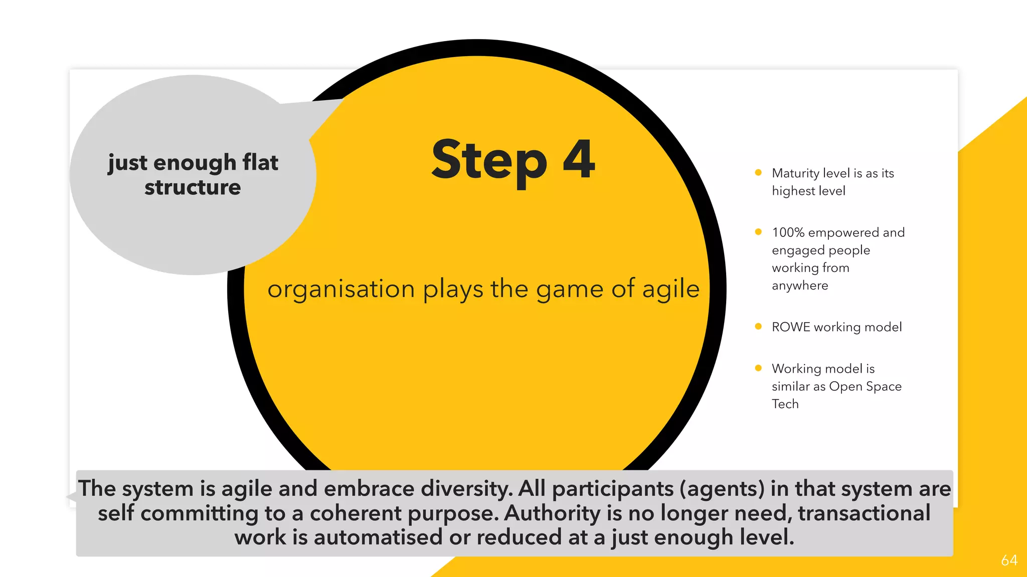 structure as safe-to-fail boundary
step 4
64
organisation plays the game of agile
Step 4just enough ﬂat
structure
• Maturity level is as its
highest level
• 100% empowered and
engaged people
working from
anywhere
• ROWE working model
• Working model is
similar as Open Space
Tech
The system is agile and embrace diversity. All participants (agents) in that system are
self committing to a coherent purpose. Authority is no longer need, transactional
work is automatised or reduced at a just enough level.
 