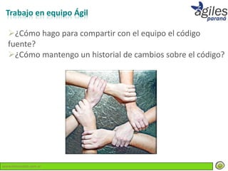 Trabajo en equipo Ágil

  ¿Cómo hago para compartir con el equipo el código
  fuente?
  ¿Cómo mantengo un historial de cambios sobre el código?




www.lemondata.com.ar
 