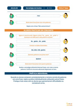 AO.02.00 Estratégia de Ensino
PRÁTICA INDIVIDUAL
ALUNOS PRATICAM EM CONJUNTO
Repita com a frase “Nós vamos brincar”.
Realize a estratégia utilizando diversas frases, com mais e menos
palavras. Confira os recursos adicionais disponíveis no Sora.
Quando os alunos contarem consistentemente o número correto de palavras
em uma frase, repita a prática individualmente utilizando outras frases.
Pratique mais vezes com os alunos que apresentaram dificuldades ou
cometeram erros.
Agora é a vez de vocês. Digam a frase “Eu... gosto... de... pular” e
levantem um dedo para cada palavra na frase.
Contem os dedos levantados.
Muito bem! Essa frase tem quatro palavras.
Quantas palavras essa frase tem?
Eu... gosto... de... pular.
Um, dois, três, quatro.
Quatro!
Três!
Muito bem! Essa frase tem três palavras.
Pré e 1º Ano
2 / 3
 