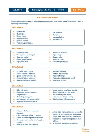 Pré e 1º Ano
ANEXO
AO.02.00 Estratégia de Ensino
1.	 Fui brincar.
2.	 Oi, amigo.
3.	 Dormi cedo.
4.	 Brinquei muito.
5.	 Quanto custa?
6.	 Presente, professora.
7.	 Até amanhã!
8.	 Muito bem!
9.	 Que saudades!
10.	 Belo vestido!
1.	 Estou com sede.
2.	 Vamos embora, amigos!
3.	 Qual sua idade?
4.	 Quero jogar futebol.
5.	 Pega para mim.
6.	 Vou viajar amanhã.
7.	 O gato fugiu.
8.	 Ela está feliz.
9.	 Entrei no carro.
10.	 Parabéns para você!
1.	 Eu tenho muita sorte!
2.	 Minha família é demais!
3.	 Quero comer uma maçã.
4.	 Eles são nossos amigos.
5.	 Quantas vezes ela pulou?
6.	 Onde é a padaria?
7.	 Ela teve dez filhotes.
8.	 O gato é branco.
9.	 Quantas pessoas estão aqui?
10.	 Você fez o dever?
1.	 Já fui e já voltei.
2.	 O pássaro voava cantando
alegremente.
3.	 Dei leite para o gato.
4.	 A professora nos ajuda muito.
5.	 A galinha atravessou a rua.
6.	 Vou organizar uma festa bonita.
7.	 Minha mãe merece um beijo.
8.	 Dei uma flor para Emília.
9.	 A professora é nossa amiga.
10.	 Nós fomos ao médico ontem.
1.	 Fui numa festa de aniversário
divertida.
2.	 Comi salada de alface e cenoura.
3.	 Sentei na cadeira para fazer dever.
4.	 Conversei com minha família sobre
estudar.
5.	 Brincar de jogar bola é legal.
6.	 Adoro fazer novas amizades na escola.
7.	 Me divirto brincando com meus avós.
8.	 Adoro fazer educação física na escola.
9.	 Precisamos respeitar as pessoas mais
velhas.
10.	 Eu gosto de ajudar meus amigos.
RECURSOS ADICIONAIS
Abaixo, seguem sugestões para realização da estratégia. Você pode utilizar suas próprias ideias e fazer as
modificações que desejar.
2 PALAVRAS
3 PALAVRAS
4 PALAVRAS
5 PALAVRAS
6 PALAVRAS
 