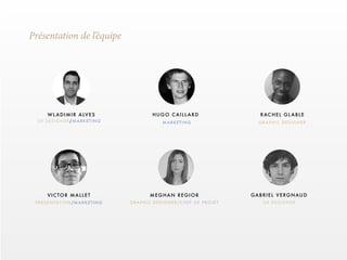 Présentation de l’équipe 
WLADIMIR ALVES 
VICTOR MALLET 
HUGO CAILLARD 
MEGHAN REGIOR 
RACHEL GLABLE 
GABRIEL VERGNAUD 
UX DESIGNER/MARKETING 
PRESENTATION/MARKETING 
MARKETING 
GRAPHIC DESIGNER/CHEF DE PROJET 
GRAPHIC DESIGNER 
UX DESIGNER 
 