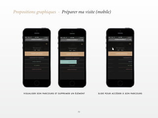 51 
Propositions graphiques - Préparer ma visite (mobile) 
VISUALISER SON PARCOURS ET SUPPRIMER UN ÉLÉMENT SLIDE POUR ACCÉDER À SON PARCOURS 
 