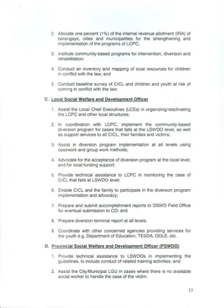 2. Allocate one percent (1%) of the internal revenue allotment (IRA) of
barangays, cities and municipalities for the strengthening and
implementation of the programs of LCPC;
3. Institute community-based programs for intervention, diversion and
rehabilitation;
4. Conduct an inventory and mapping of local resources for children
in conflict with the law; and
5. Conduct baseline survey of CICL and children and youth at risk of
coming in conflict with the law;
C. Local Social Welfare and Development Officer
1. Assist the Local Chief Executives (LCEs) in organizing/reactivating
the LCPC and other local structures;
2. In coordination with LCPC, implement the community-based
diversion program for cases that falls at the LSWDO level, as well
as support services to all CICL, their families and victims;
3. Assist in diversion program implementation at all levels using
casework and group work methods;
4. Advocate for the acceptance of diversion program at the local level,
and for local funding support;
5. Provide technical assistance to LCPC in monitoring the case of
CICL that falls at LSWDO level;
6. Enable CICL and the family to participate in the diversion program
implementation and advocacy;
7. Prepare and submit accomplishment reports to DSWD Field Office
for eventual submission to CO; and
8. Prepare diversion terminal report at all levels.
9. Coordinate with other concerned agencies providing services for
the youth e.g, Department of Education, TESDA, DOLE, etc.
D. Provincial Social Welfare and Development Officer (PSWDO)
1. Provide technical assistance to LSWDOs in implementing the
guidelines, to include conduct of related training activities; and
2. Assist the City/Municipal LGU in cases where there is no available
social worker to handle the case of the victim.
13
 