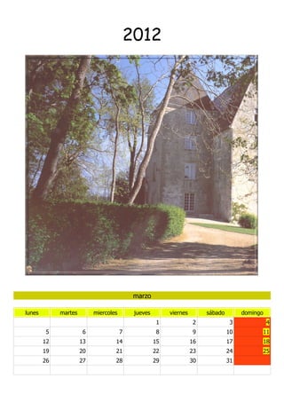 2012




                                            marzo

lunes        martes        miercoles        jueves        viernes        sábado        domingo
                                                      1             2              3             4
        5              6               7              8             9             10         11
        12            13           14                15             16            17         18
        19            20           21                22             23            24         25
        26            27           28                29             30            31
 