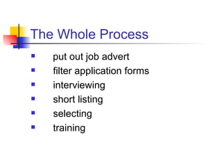 The Whole Process put out job advert filter application forms interviewing short listing  selecting training   
