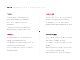 10
SWOT Analyse des forces et faiblesses de la FFR
FORCES
OPPORTUNITÉS
FAIBLESSES
MENACES
- Présence importante sur les réseaux sociaux
- Bonne alimentation du fil d’actualité Twitter
- Grand nombre de sponsors de renommée
internationale
- Hausse d’environ 20% des recettes publicitaires
(5 partenaires) soit un gain de près de 24 millions
- Coupe du Monde : évènement sportif suivi en majorité
(pros, amateurs, pratiquants, non inités)
- Le monde de la publicité se reconnaît dans les valeurs
du rugby
- Rentrée scolaire. Moins de monde sur place, donc plus
d’intérêt à suivre à distance sur le web
- Proximité de l’évènement (pas de décalage horaire)
- Le public visé par la FFR est assez restreint, puisqu’elle
ne s’adresse qu’aux pratiquants français de rugby
- Le bugdet peut être limité par rapport à d’autres
fédérations sportives dont les budgets sont plus élevés
- Potentialité d’autres sites à plus gros budgets sur la
Coupe du Monde (Marques, médias etc.)
- Site officiel de la Coupe du Monde. rugbyworldcup.com
- Rentrée scolaire (moins de visibilité)
- Manque de communication de la part des médias sur
cette Coupe du Monde
 