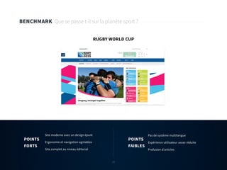 13
BENCHMARK Que se passe t-il sur la planète sport ?
RUGBY WORLD CUP
Site moderne avec un design épuré
Ergonomie et navigation agréables
Site complet au niveau éditorial
Pas de système multilangue
Expérience utilisateur assez réduite
Profusion d’articles
POINTS
FORTS
POINTS
FAIBLES
13
 