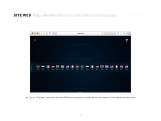 35
SITE WEB Page calendrier des rencontres (déclinaison équipes)
Au clic sur « Équipe » Jean peut voir les différentes équipes et choisir de voir les matchs d’une équipe en particulier.
 