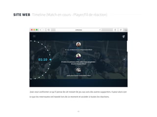 40
SITE WEB Timeline (Match en cours - Player/Fil de réaction)
Jean veut confronter ce qu’il pense de cet instant de jeu aux avis des autres supporters. Il peut alors voir
ce que les internautes ont tweeté lors de ce moment et accéder à toutes les réactions.
 