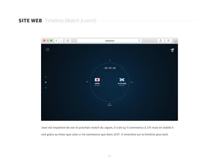 47
SITE WEB Timeline (Match à venir)
Jean est impatient de voir le prochain match du Japon, il croit qu’il commence à 17h mais en réalité il
voit grâce au timer que celui-ci ne commence que dans 1h37. Il reviendra sur la timeline plus tard.
 