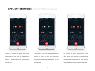50
APPLICATION MOBILE Timeline (Match en cours)
Comme la plupart des gens, Jean a son
téléphone en main tout en regardant le
match. Il peut profiter des informations
liées au jeu.
Jean profite aussi de l’engouement social
autour du match. Il peut donc visualiser
les vidéos moments forts générées par les
utilisateurs.
Au travers de ronds grossissants, Jean
peut aussi voir lorsque la communauté
commence à s’enflammer et donc buzzer
lui même à son tour un moment magique.
 